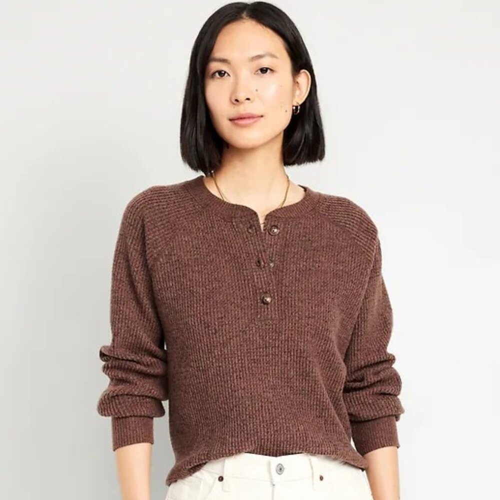 Old Navy Plush Cozy Waffle Henley Long Sleeve Shirt Brown Size XS